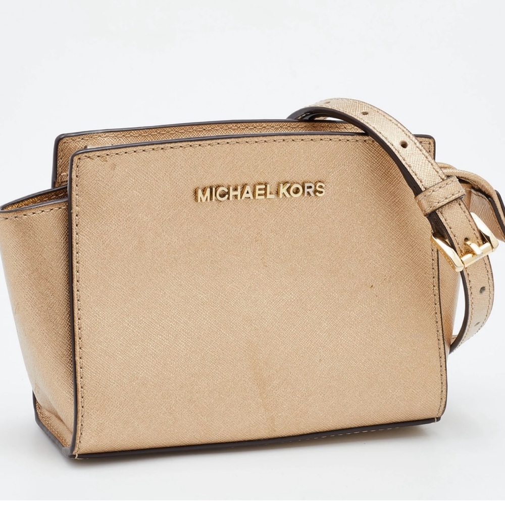 MICHAEL KORS Selma Mini Crossgrain Leather Crossbody Bag, Pale Gold, NWOT